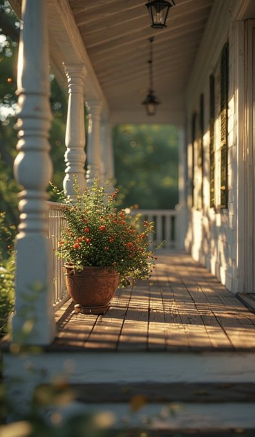 A sunlit porch with potted flowers, white columns and wooden floor planks